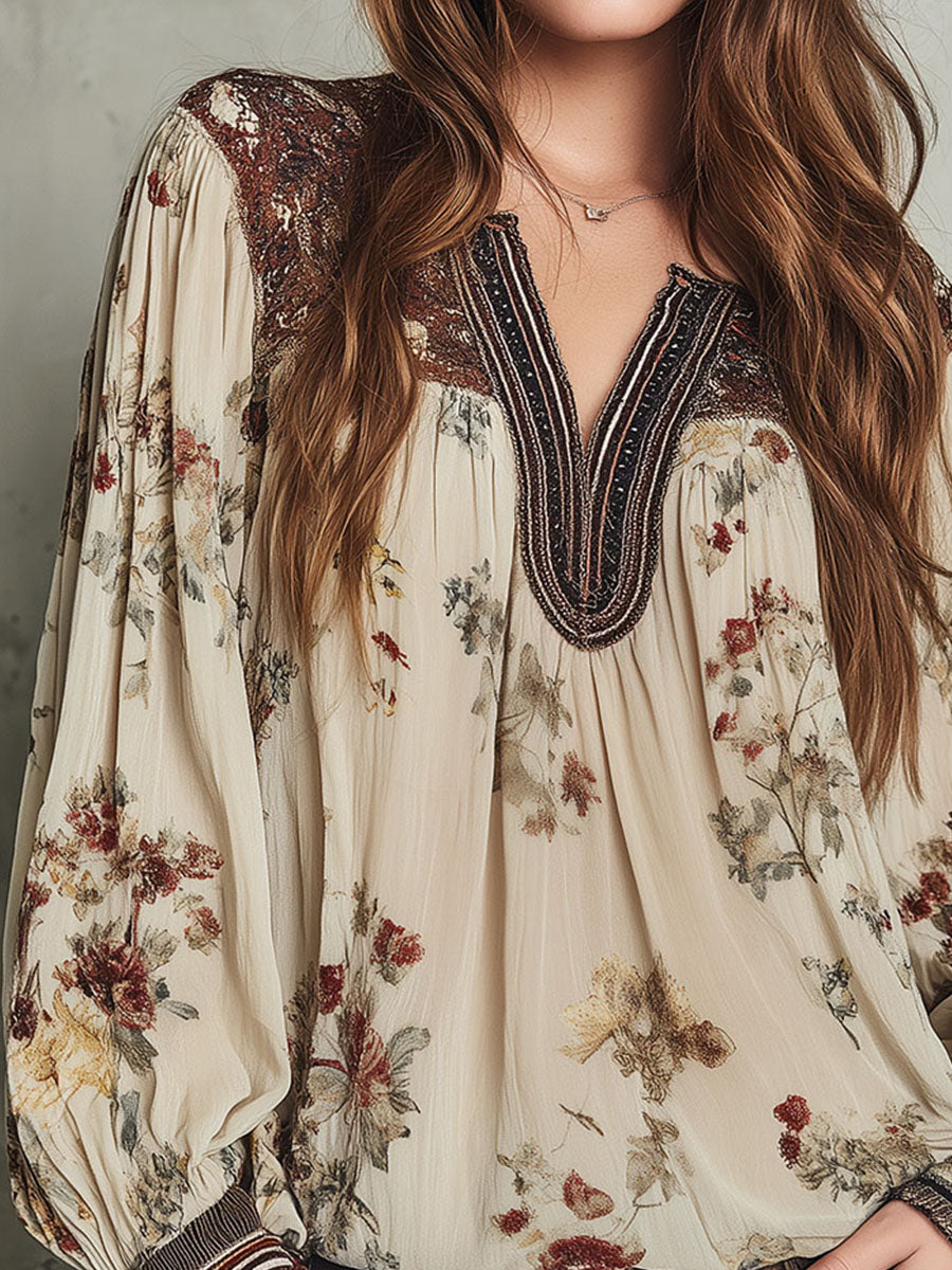 Bohemian Cream Floral Peasant Blouse With Billowy Sleeves