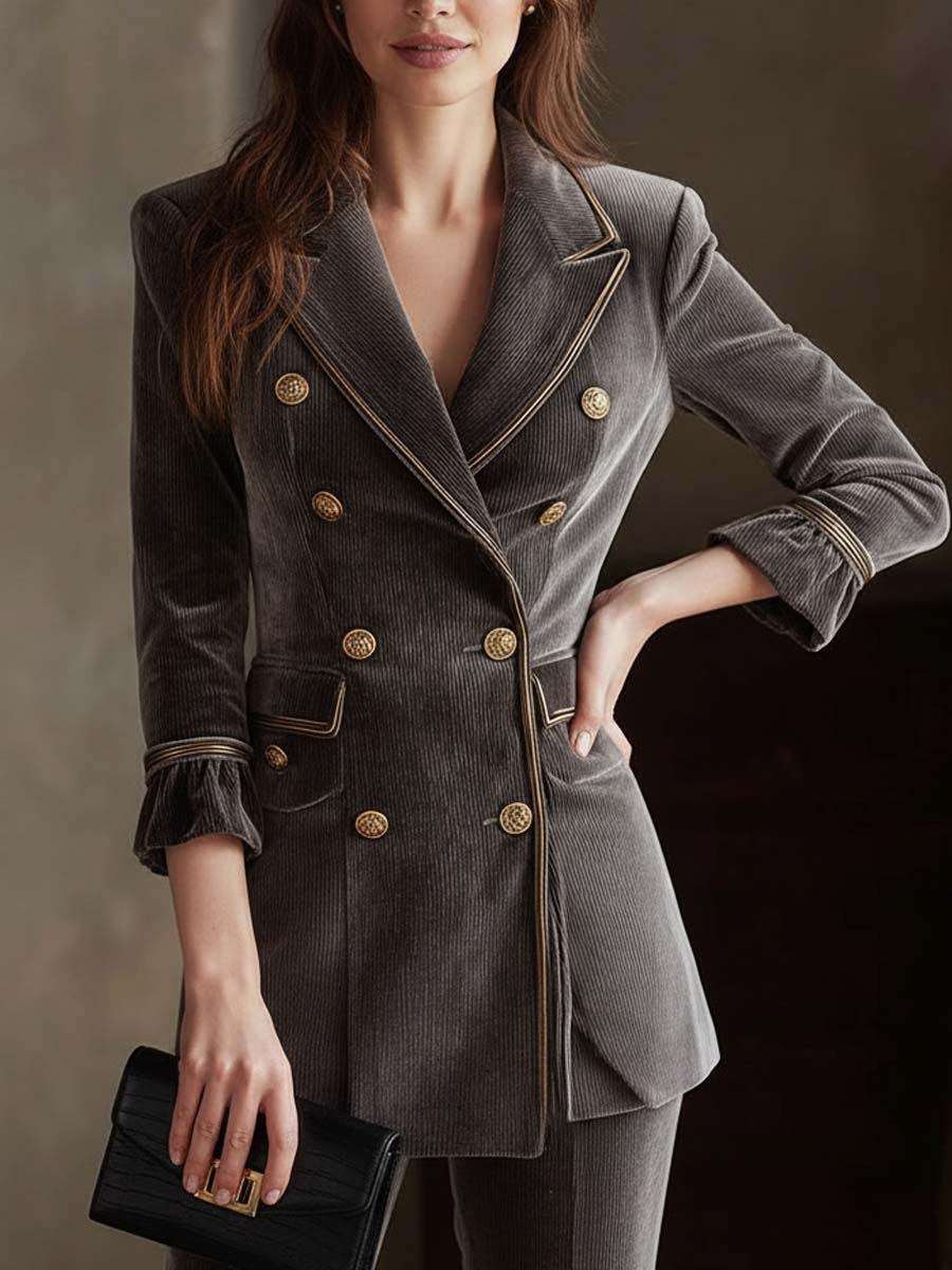 Corduroy Velvet Double-Breasted Blazer With Gold Trim