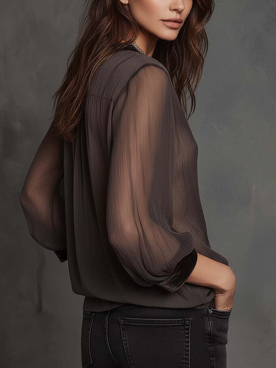 Crinkled Chiffon Top With Velvet Trim