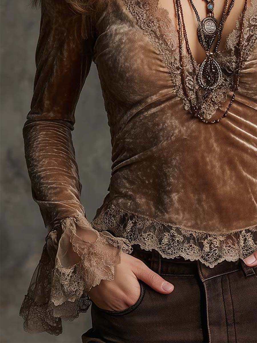 Vintage Light Brown Velvet Lace Trim Long Sleeve Top