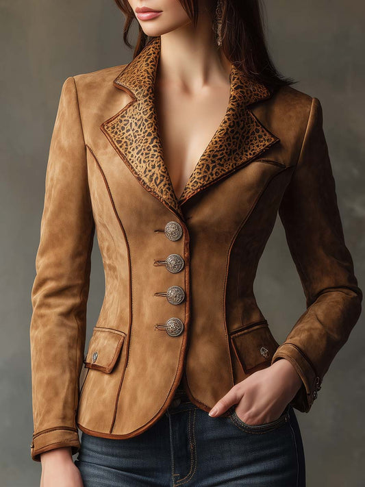 Retro Leopard Print Collar With Contrasting Trim On Polyester Suede Blazer