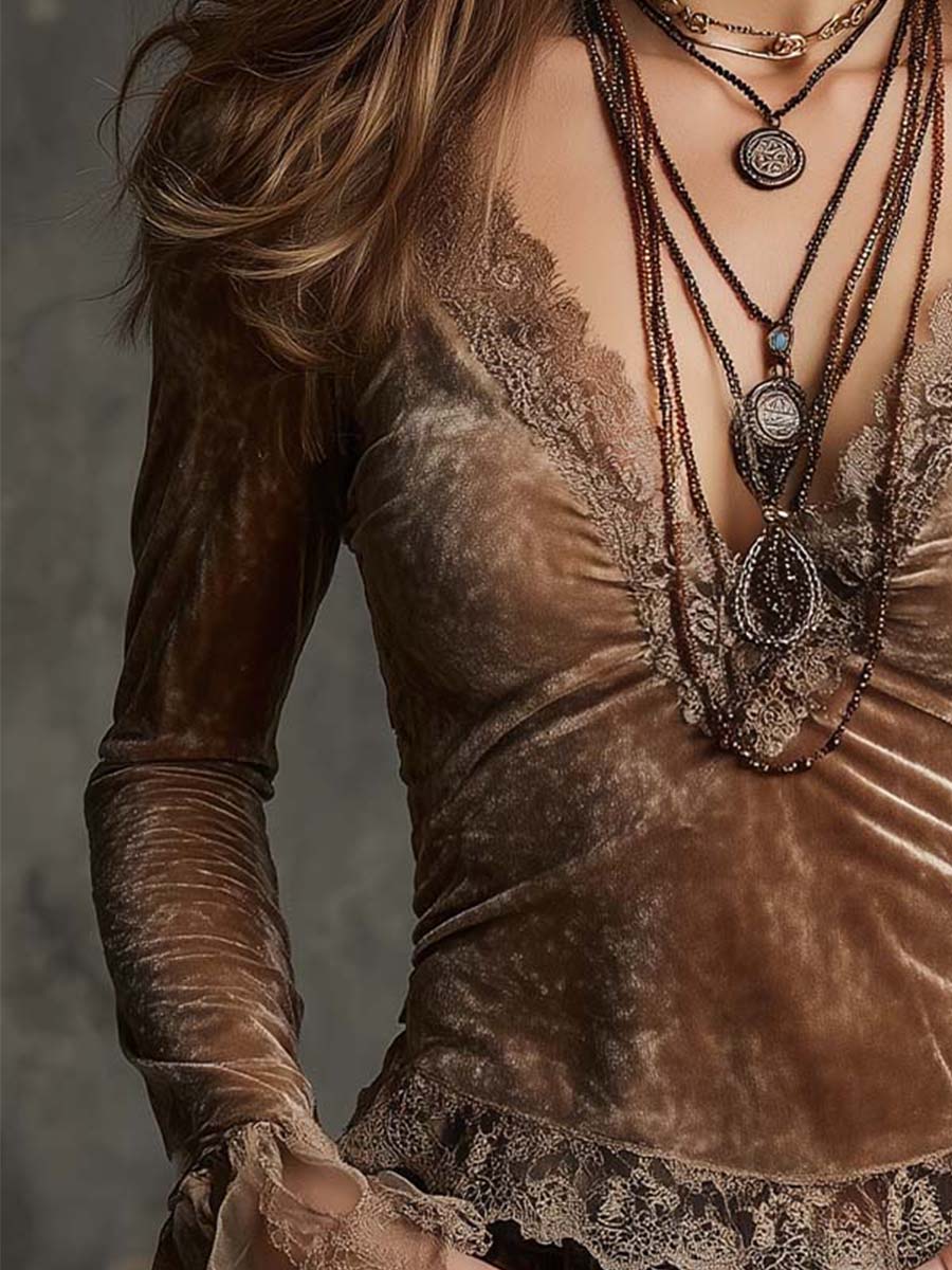 Vintage Light Brown Velvet Lace Trim Long Sleeve Top