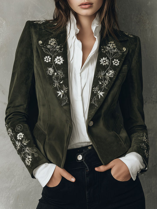 Vintage Olive Green Floral Embroidered Velvet Blazer