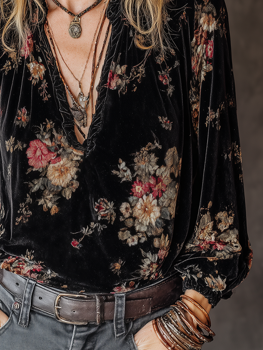 Vintage Floral Velvet Long-Sleeved Blouse