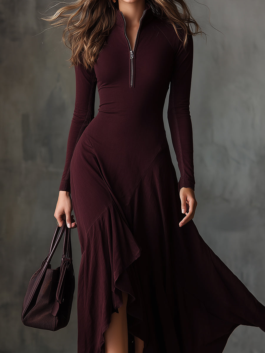 Bohemian Washed Cotton Half-zip Front Ruffled Asymmetric Hem Maxi Dress