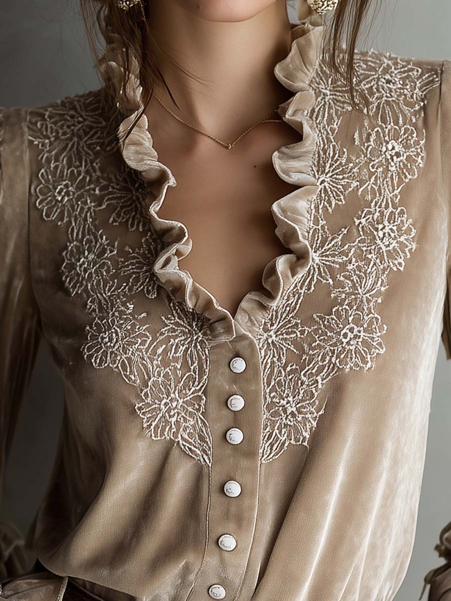 Champagne Beige Floral Embroidered Ruffled Velvet Shirt