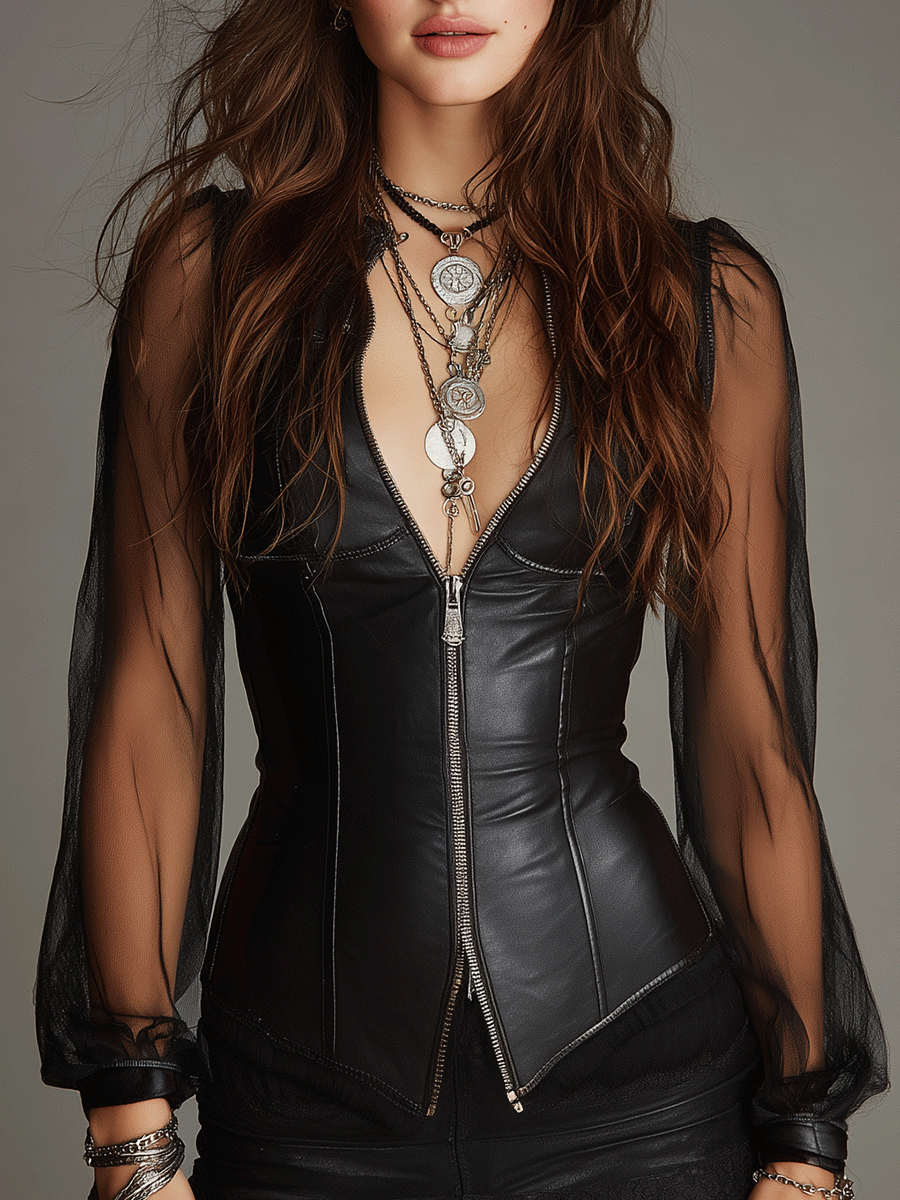 Fashionable Sheer Mesh And Leather Patchwork Top