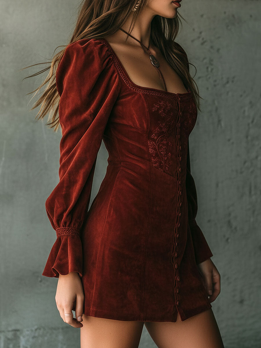 Vintage Rust Red Square Neck Embroidered Button-Front Mini Dress