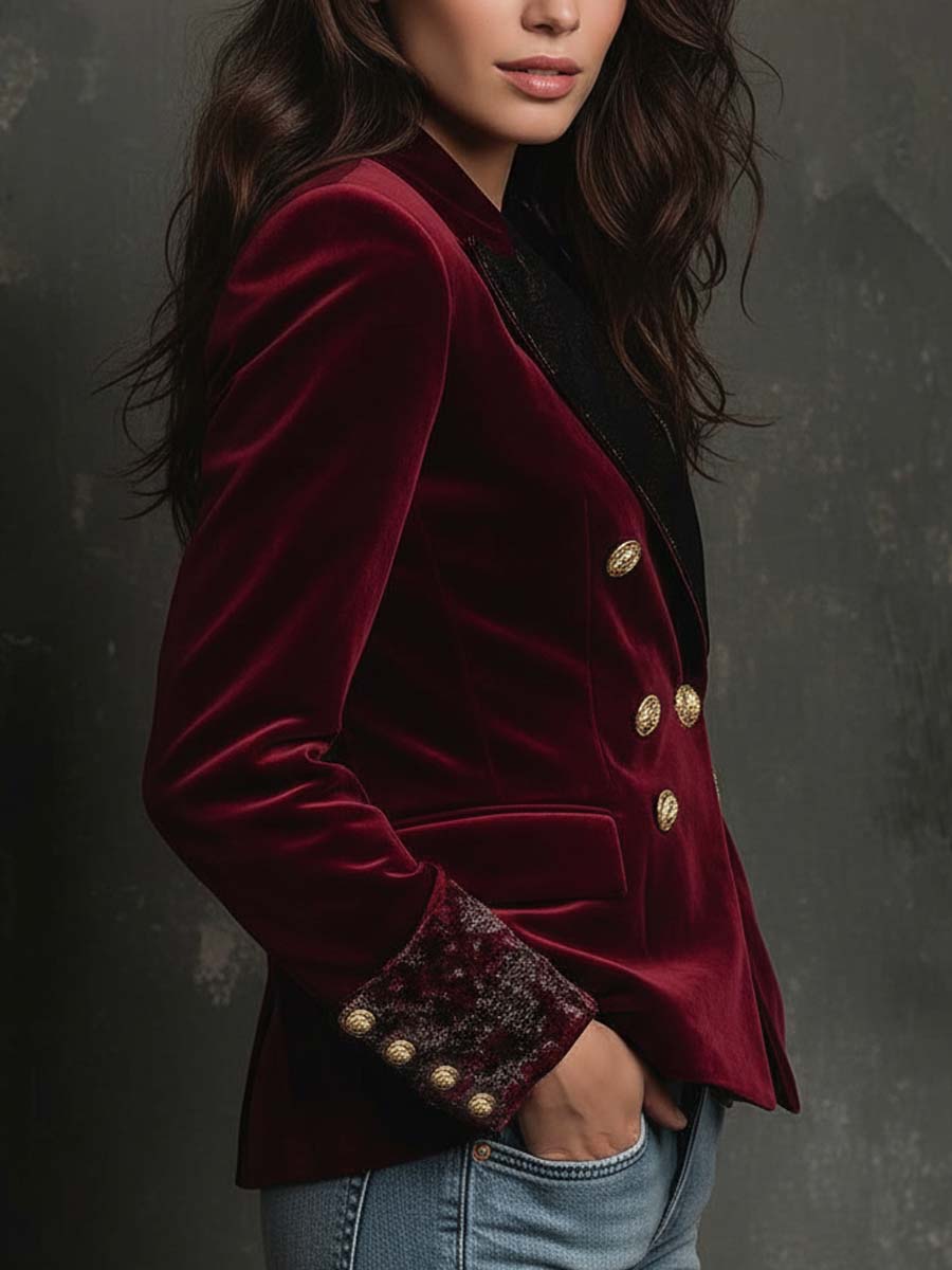 Burgundy Velvet Blazer With Printed Lapel And Cuffs