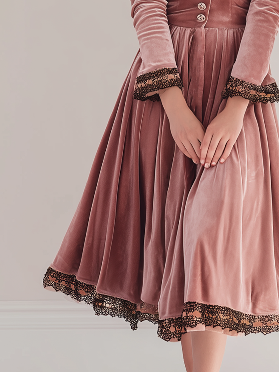 Vintage Lace-trimmed Polyester Velvet Midi Dress
