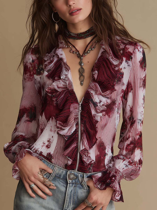 Vintage Wine Floral Ruffle Zip-Front Chiffon Blouse
