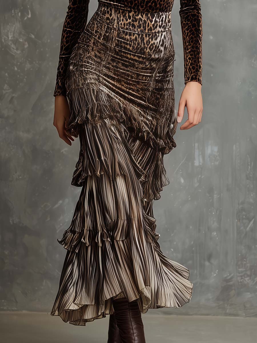 Velvet Leopard Bodice And Tiered Pleated Maxi Dress