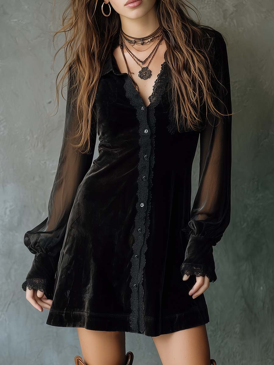 Vintage Polyester Velvet Minidress With Sheer Sleeves And Lace Trim.