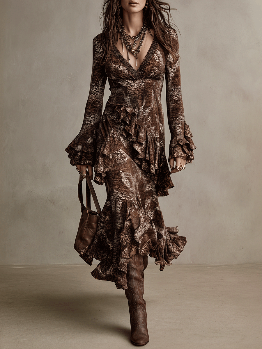 Vintage Brown Flounce Long Sleeve Gown Maxi Dress