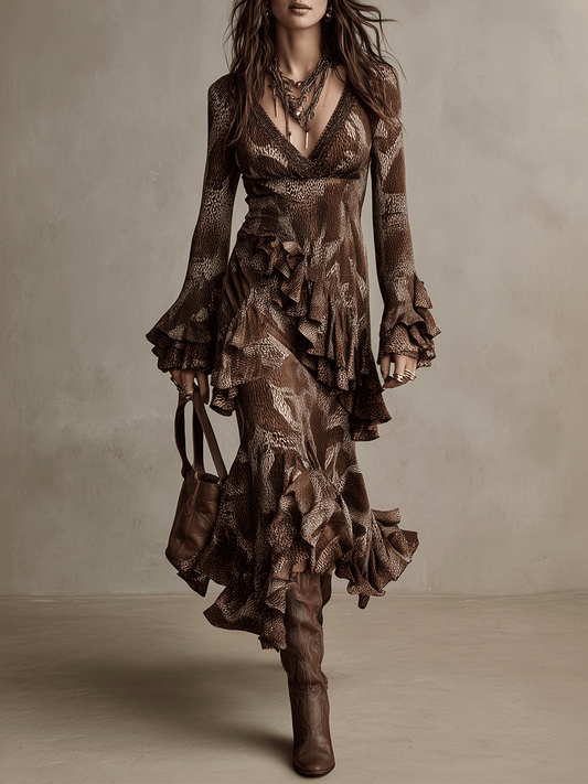 Vintage Brown Flounce Long Sleeve Gown Maxi Dress