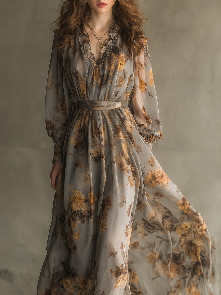 Bohemian Retro Floral Chiffon Ruffle Neckline Maxi Dress