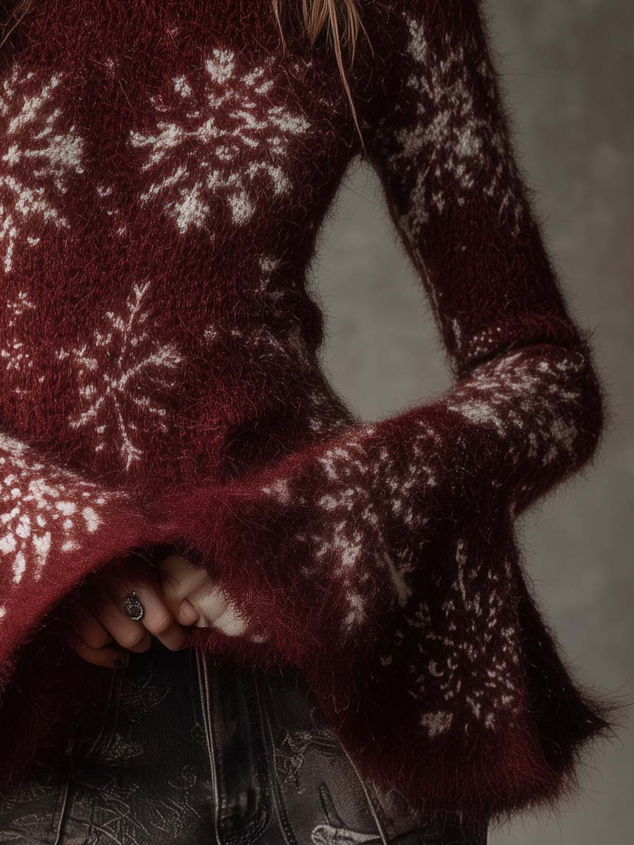 Burgundy Snowflake Print Bell Sleeve Sweater