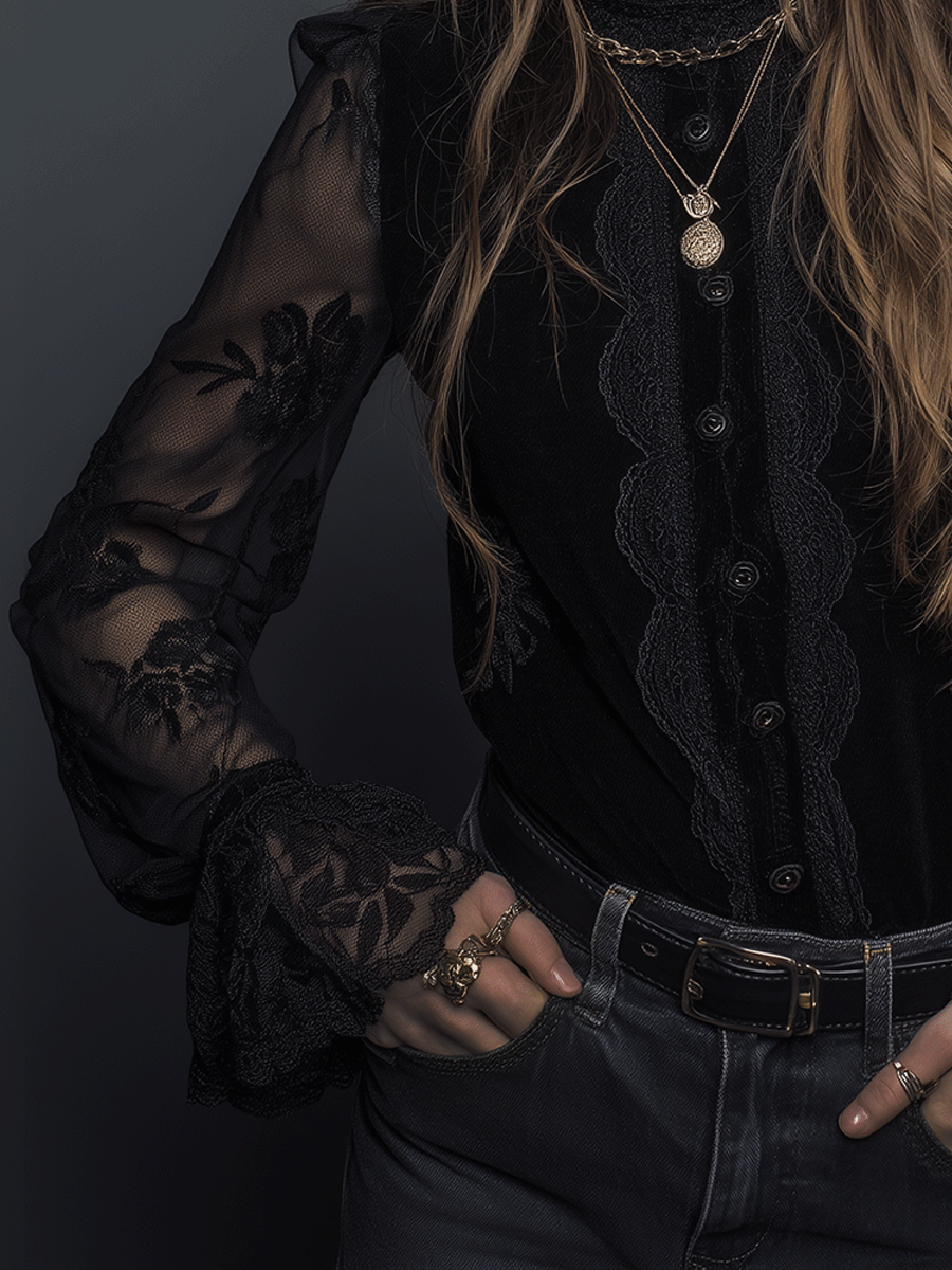 Romantic Elegance Black Lace Sheer Bell-Sleeve Blouse