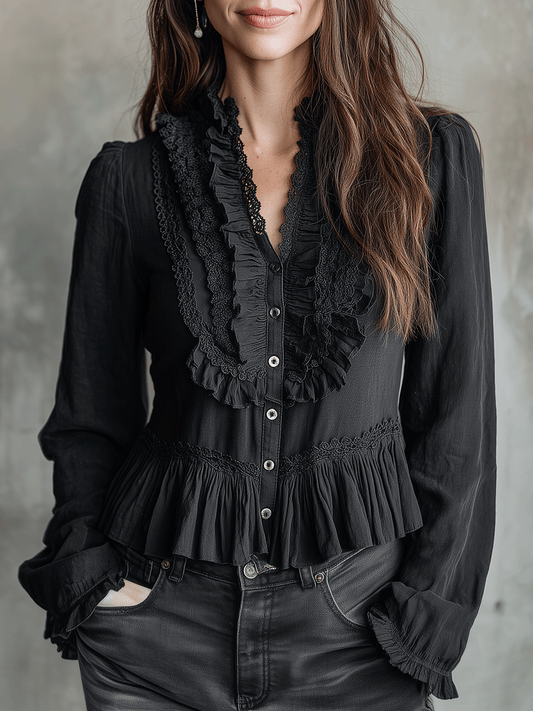 Vintage-Inspired Black Ruffle Button Blouse