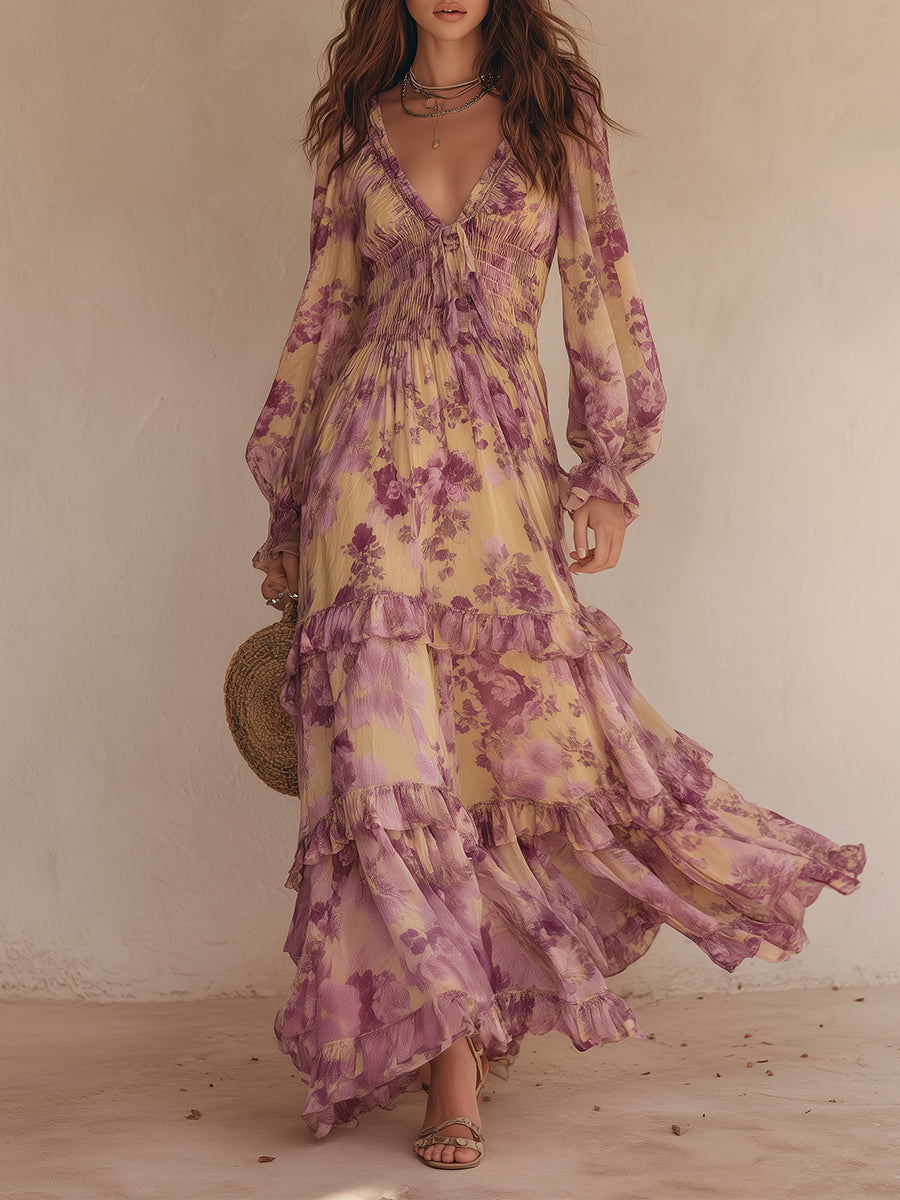 Bohemian Holiday Floral Pleated Waist Chiffon Ruffle Hem Maxi Dress