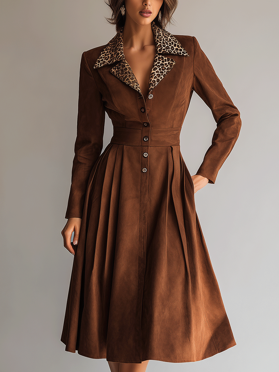 Elegant Retro Waist-Cinched Caramel Midi Dress