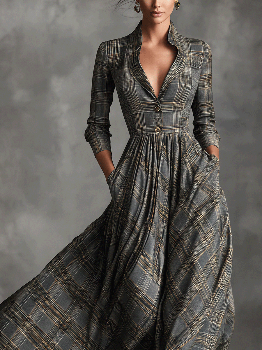 Women's Grey Sophisticated Tartan - Patterned Linen - Blend Flared Maxi Dress