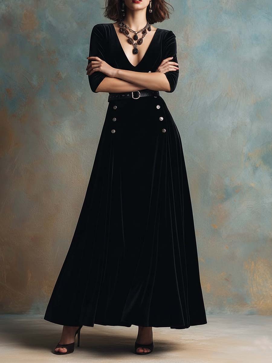 Black Velvet Maxi Dress With Belt And Double-Breasted Detail
