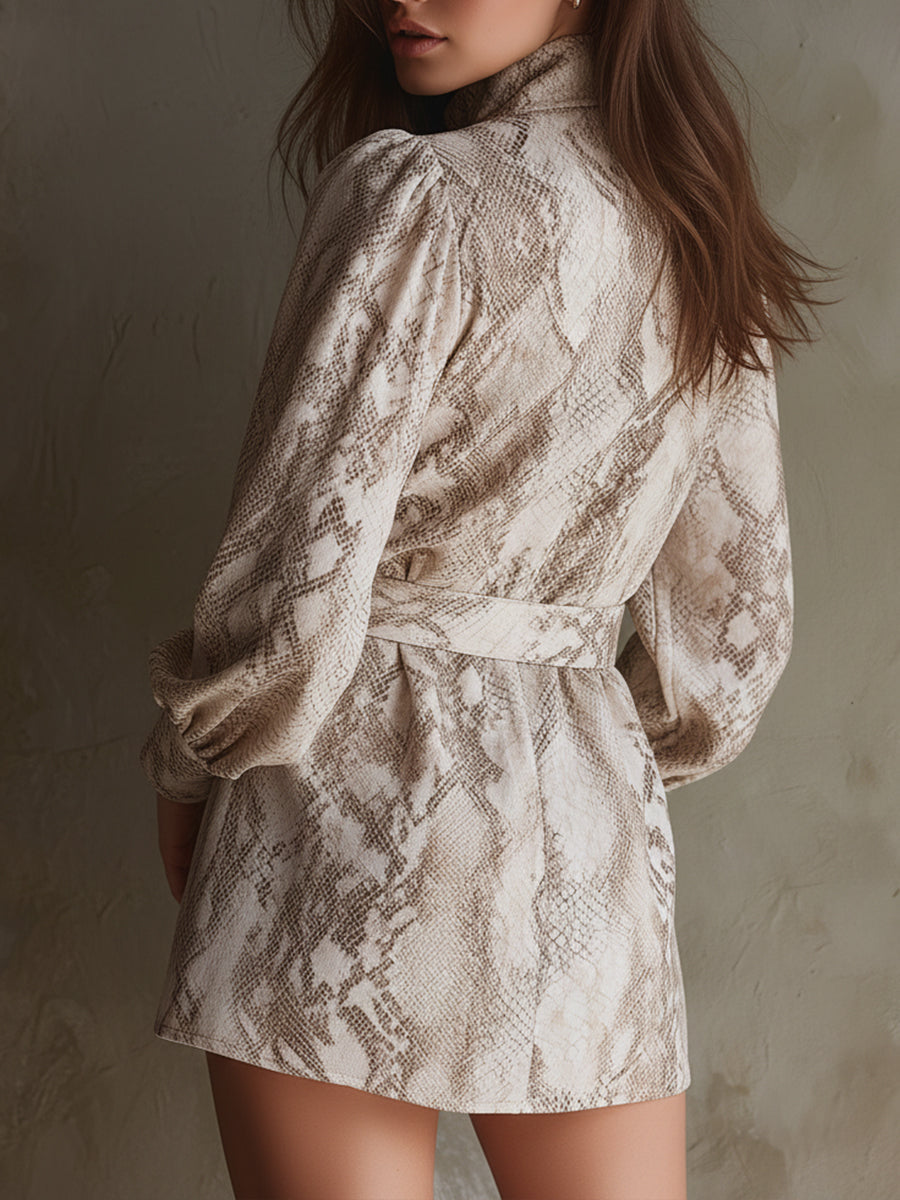 Stylish Snake Print Polyester Suede Mini Dress With Belt
