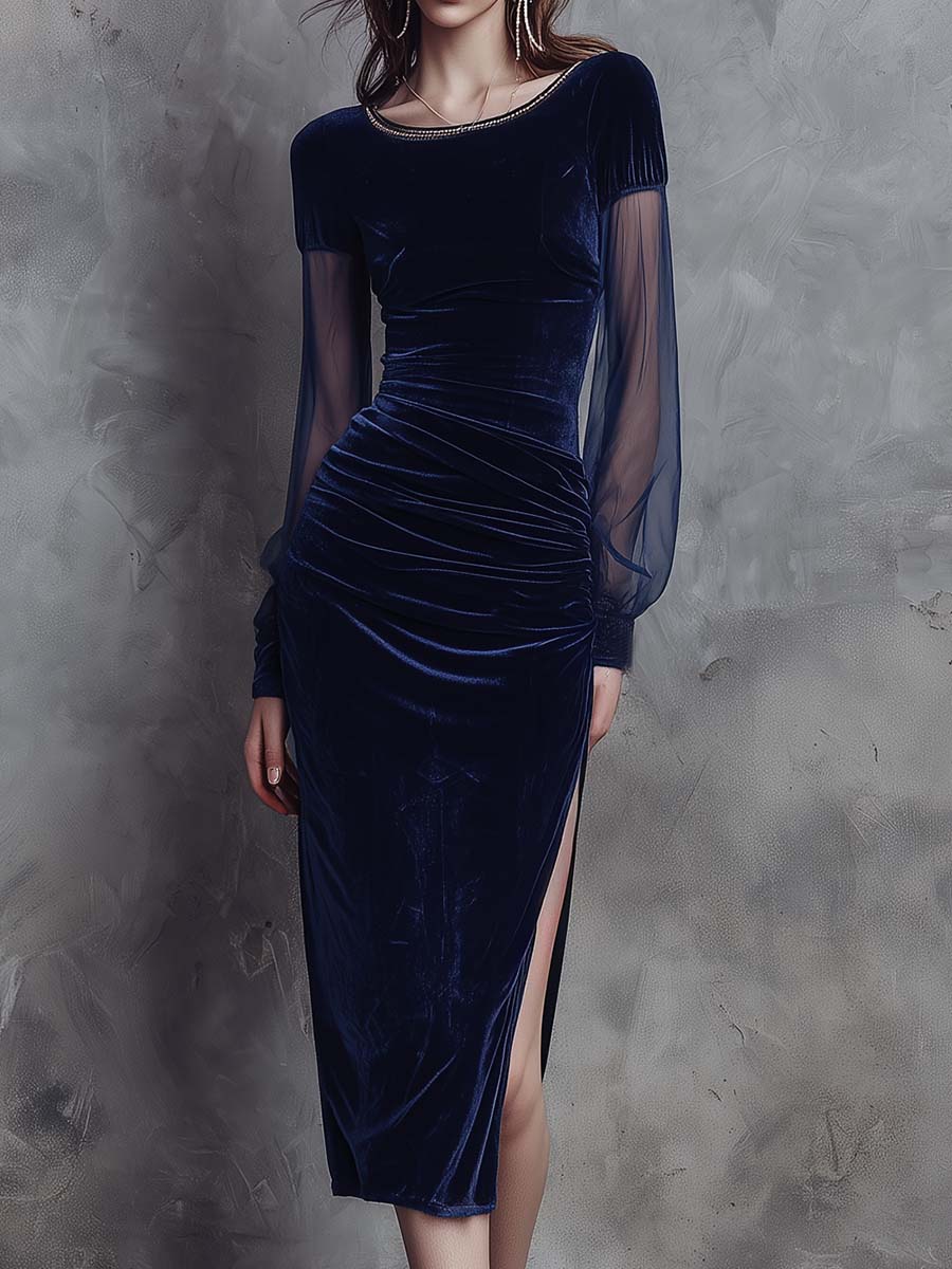 Velvet Midi Dress With Sheer Sleeves