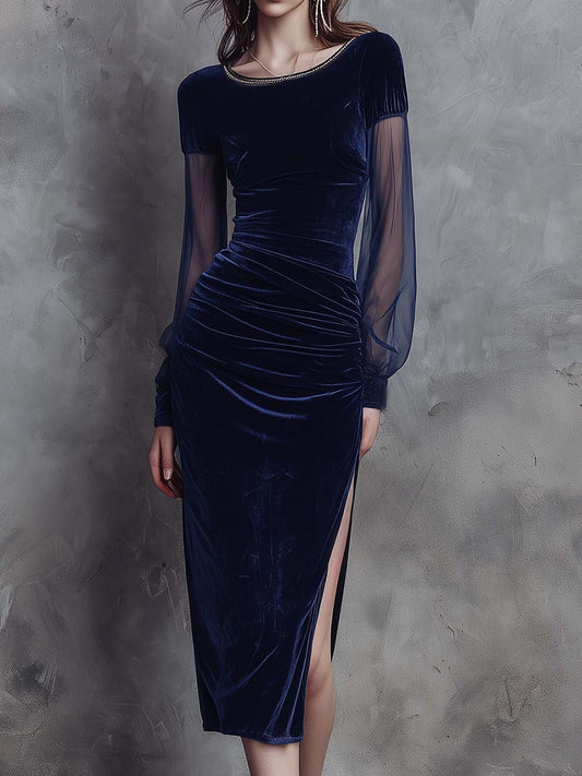 Velvet Midi Dress With Sheer Sleeves