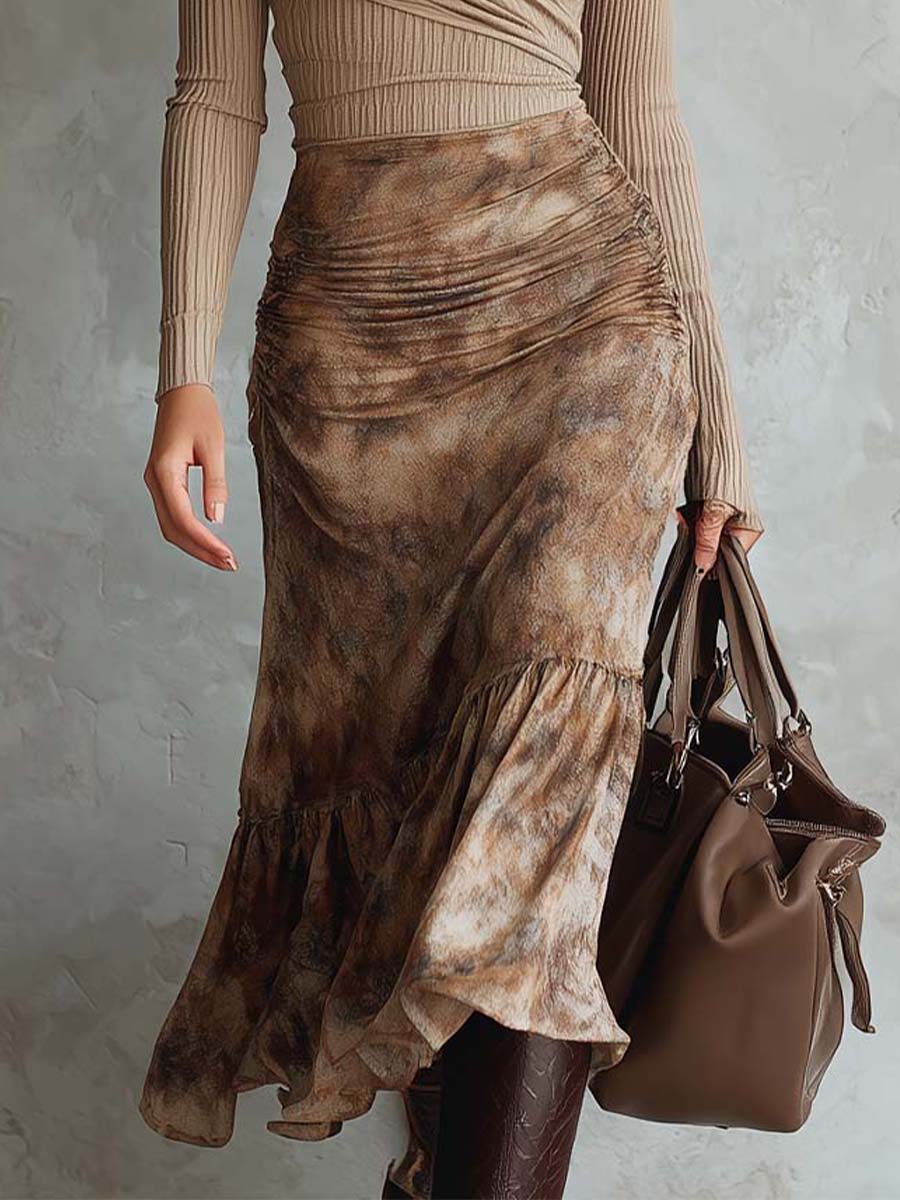 Ribbed Knit Top With Printed Chiffon Midi Dress