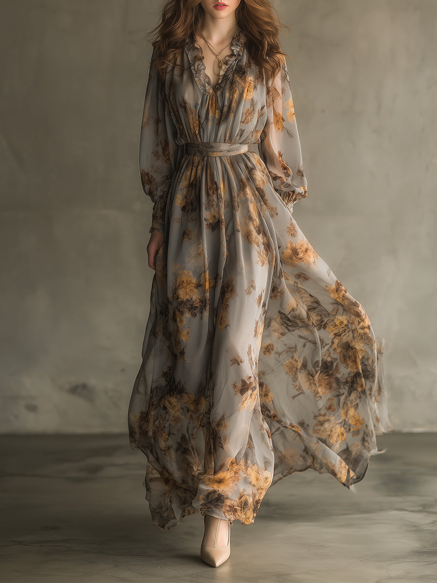 Bohemian Retro Floral Chiffon Ruffle Neckline Maxi Dress