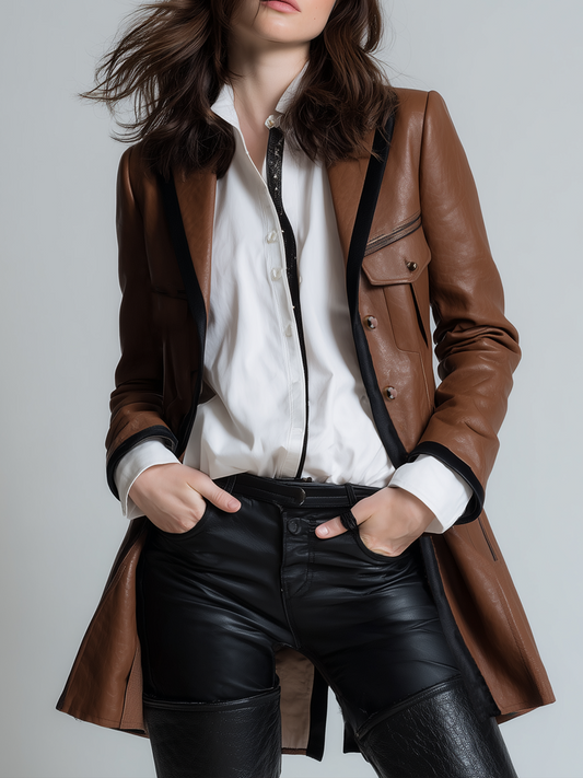 Retro Color-blocked Flap Pocket Faux Leather Blazer