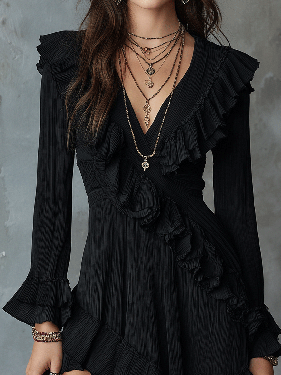Romantic Midnight Ruffle Chiffon Mini Dress