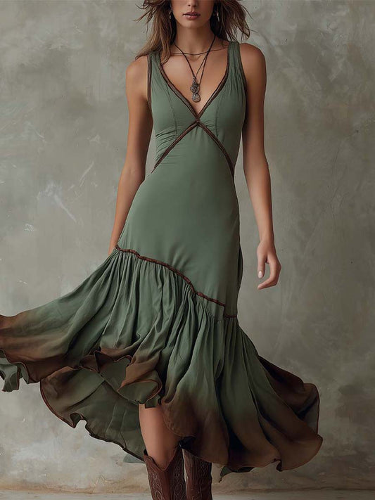 Boho Dip-Dyed Ruffled Hem Midi Dress